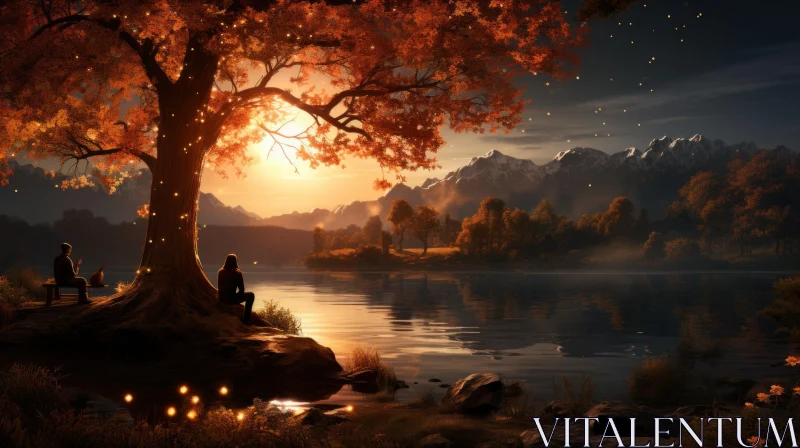 Sunset Lakeside Retreat Under an Orange Tree: A Fairycore Fantasy AI Image