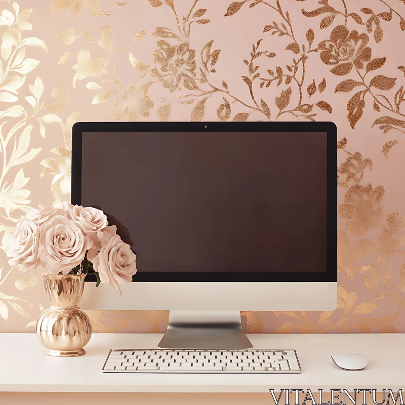 Chic Office Desk with Computer and Floral Decor AI Image