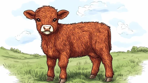 Young Brown Calf in Scenic Field