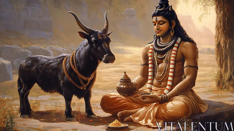 Serene Deity and Sacred Bull AI Image