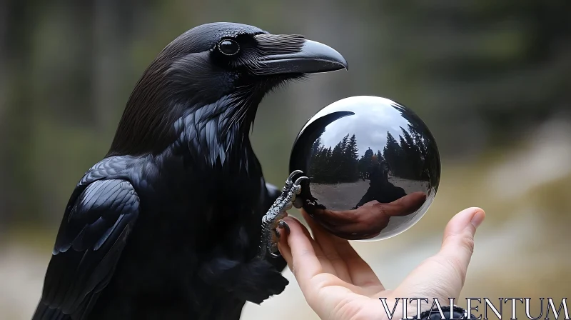 AI ART Black Raven Holding Mirrored Sphere