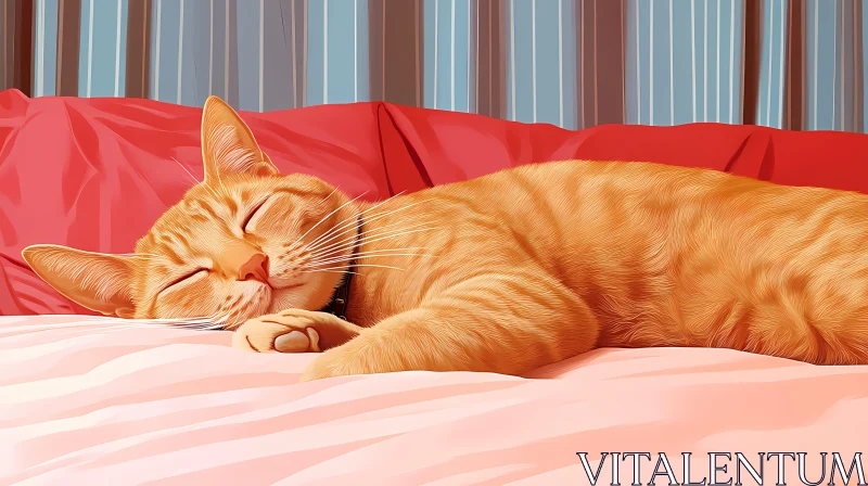 Sleeping Orange Tabby on Soft Bed AI Image