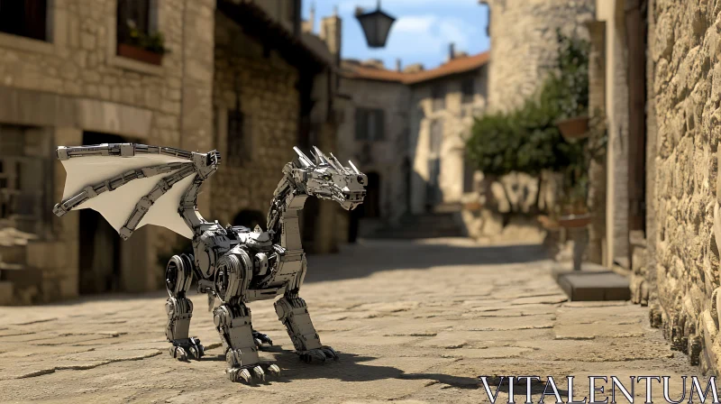 Robot Dragon on Cobblestone Street AI Image