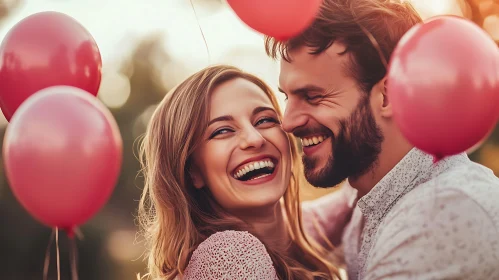 Joyful Embrace with Red Balloons