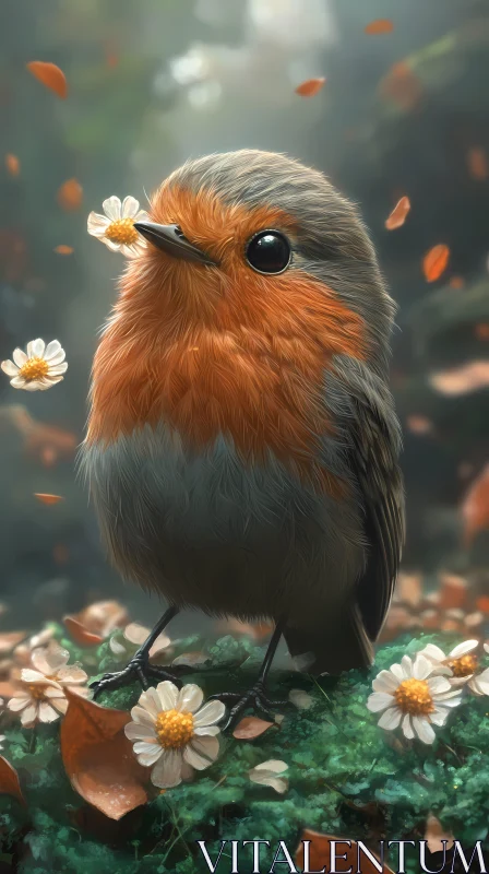 Whimsical Robin Amidst Flowers AI Image