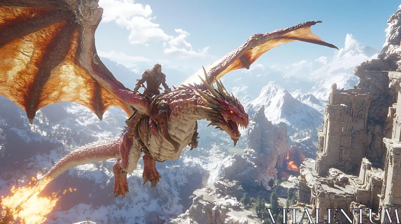 Soaring Dragon with Warrior in Fantasy World AI Image