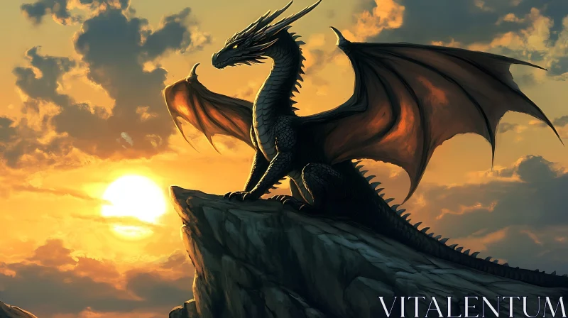 AI ART Black Dragon on Cliff at Sunset