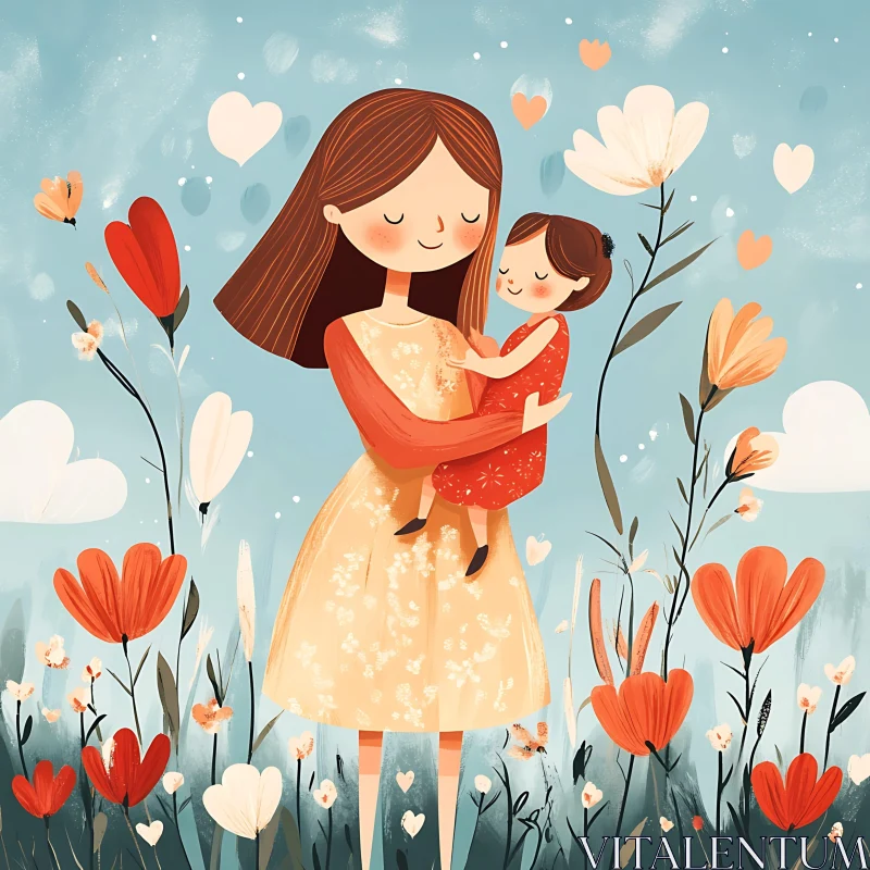 AI ART Loving Mother and Daughter in Floral Meadow