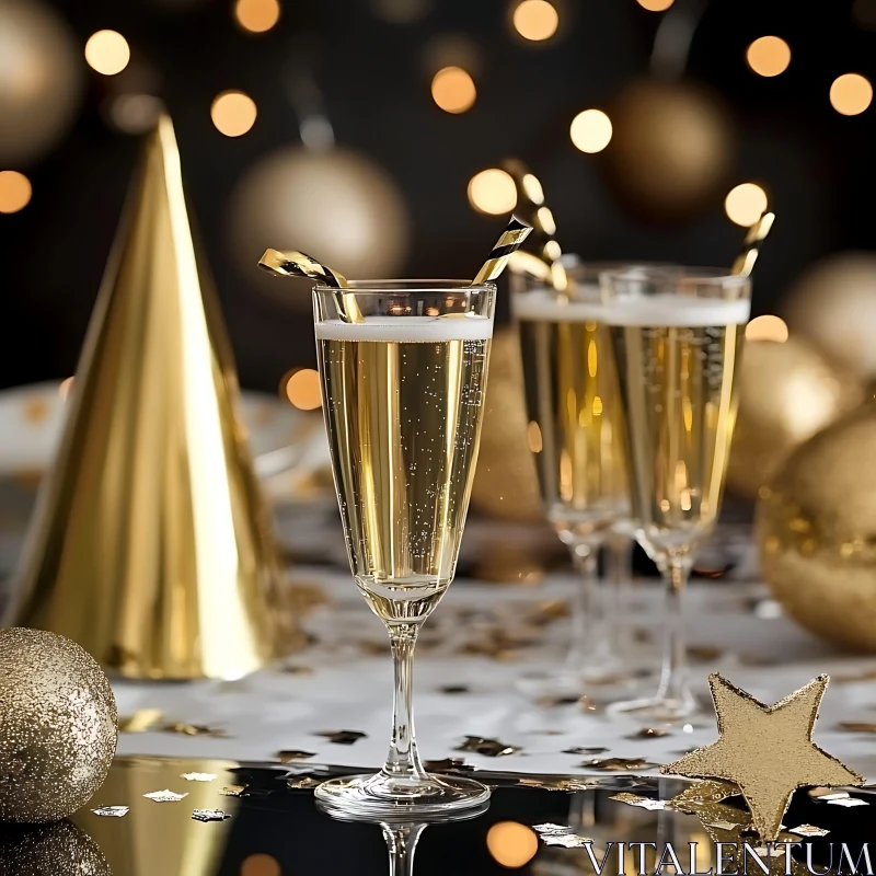 Festive Champagne Toast with Golden Decor AI Image