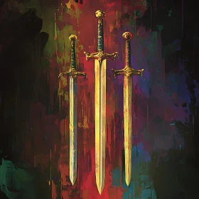 Golden Swords Arrayed Against Colorful Canvas