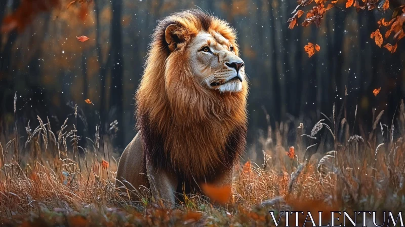 AI ART Regal Lion Amongst Falling Leaves