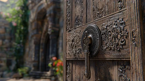 Detailed Carved Door with Rustic Handle