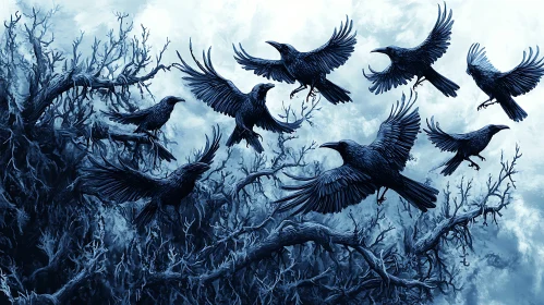 Flight of Ravens in Winter