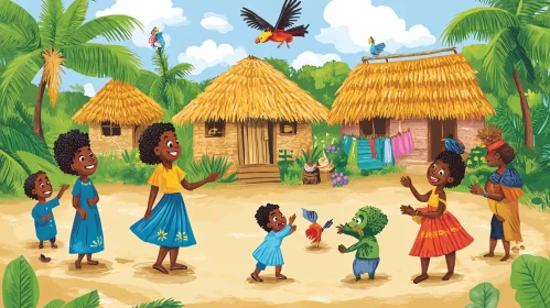 Children's Cartoon Illustration of Village Life