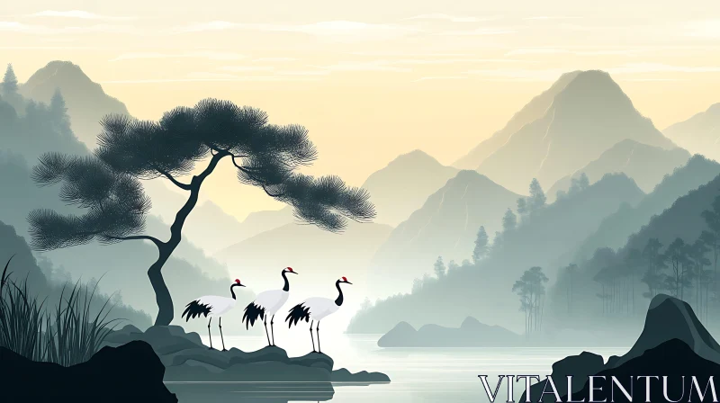 Cranes in Misty Mountain Landscape AI Image