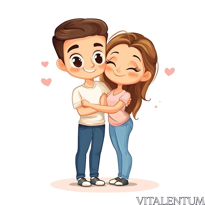 Charming Cartoon Couple Hug Illustration AI Image