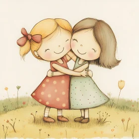 Charming Girls Hugging in a Field