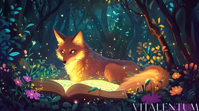 Fox immersed in a book in woods AI Image