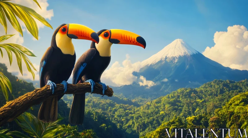 Pair of Toucans Resting in a Tropical Forest AI Image