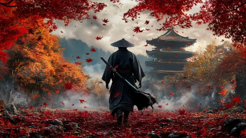 Lone Samurai in Autumn Landscape