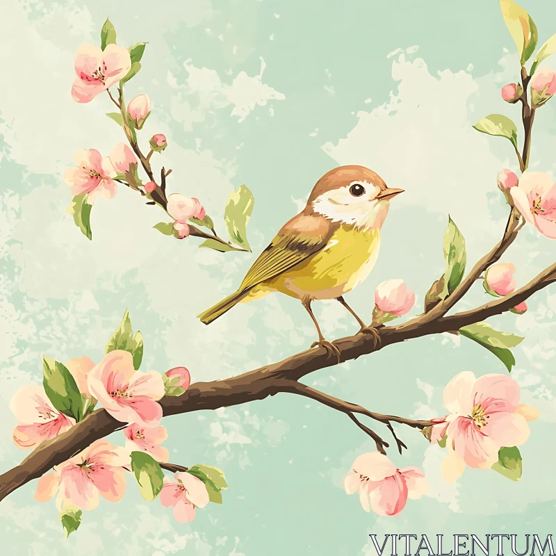 Pastel Bird and Flower Illustration AI Image