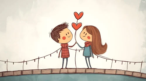 Whimsical Cartoon Romance on a Bridge