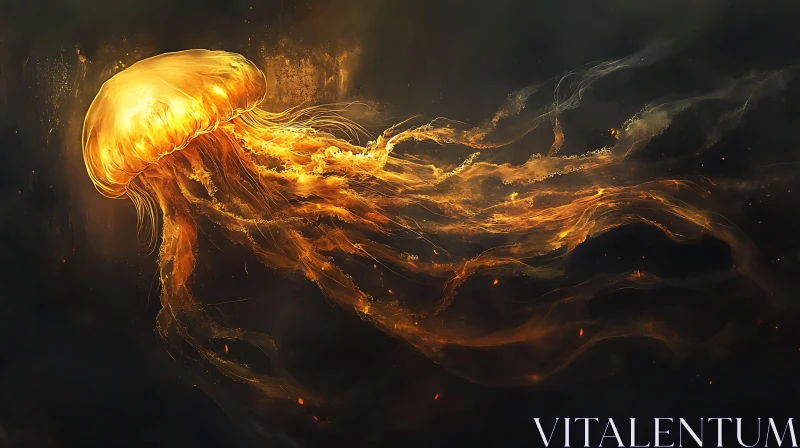 Mystical Golden Jellyfish Illuminating Dark Waters AI Image