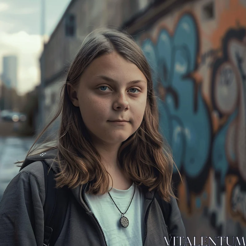 AI ART Urban Portrait of Greta Thunberg with Graffiti Background