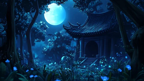 Tranquil Forest Night Scene with Pavilion