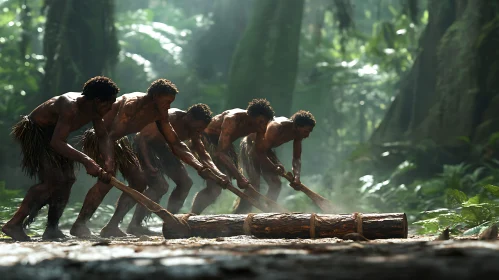 Indigenous Men Moving a Log