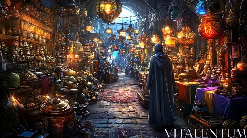 AI ART Bustling Bazaar with Person and Lamps