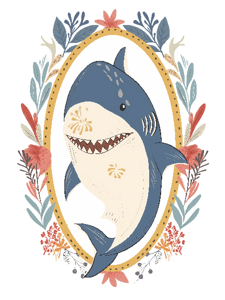 Cute Shark with Floral Wreath POD Design