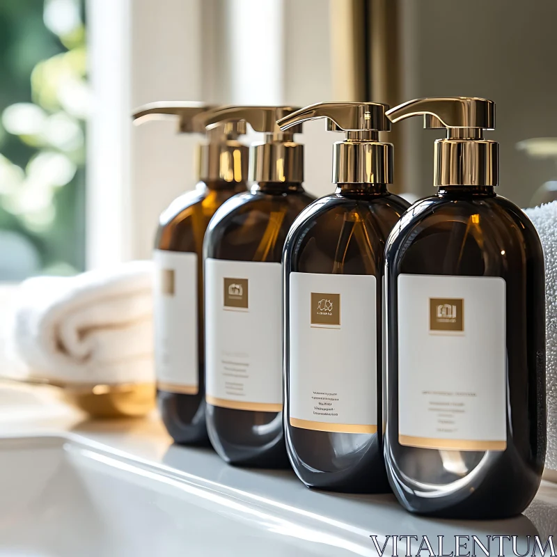 Luxurious Bathroom Essentials: Amber Bottles AI Image