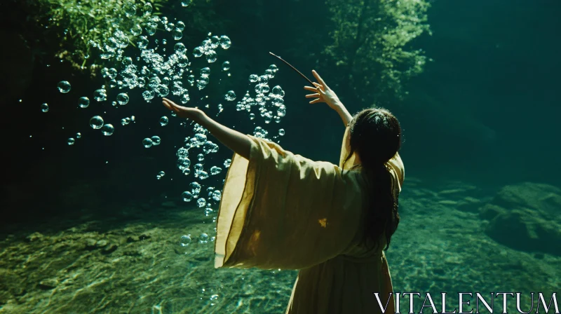 Submerged Woman with Bubbles in Water AI Image