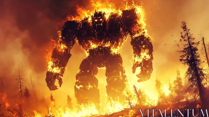 Massive Inferno Robot Amidst Forest Blaze AI Image