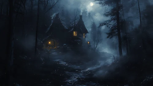 Mysterious House in Forest at Night