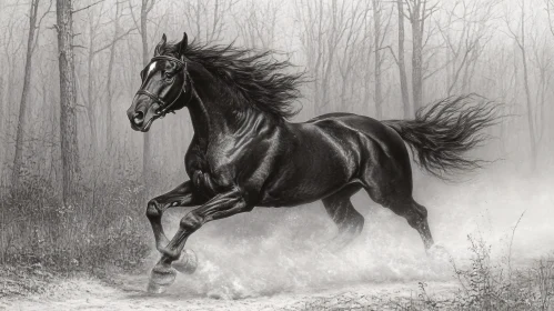 Galloping Horse Amidst Forest Mist
