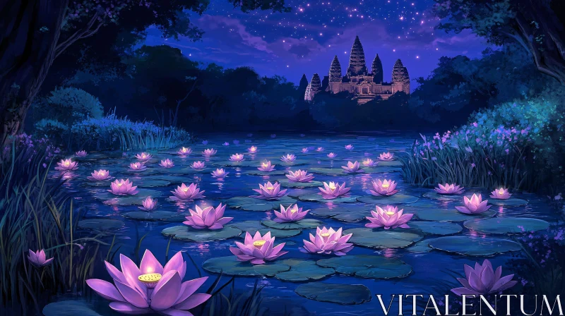 AI ART Lotus Flowers at Night Temple