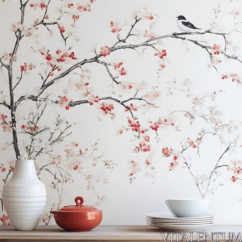 Cherry Blossoms and Bird Still Life AI Image