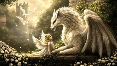 Fantasy Scene with Dragon and Angel