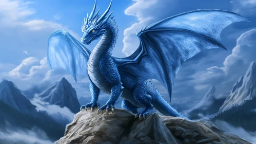 Fantasy Blue Dragon on Mountain Peak