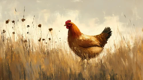 Chicken Among Dry Grasses