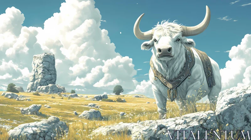 White Bull Amidst Open Scenery AI Image