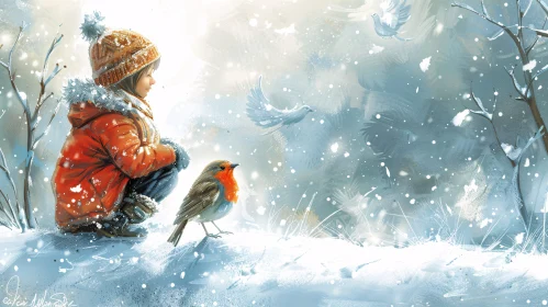 A Winter Scene: Child and Bird