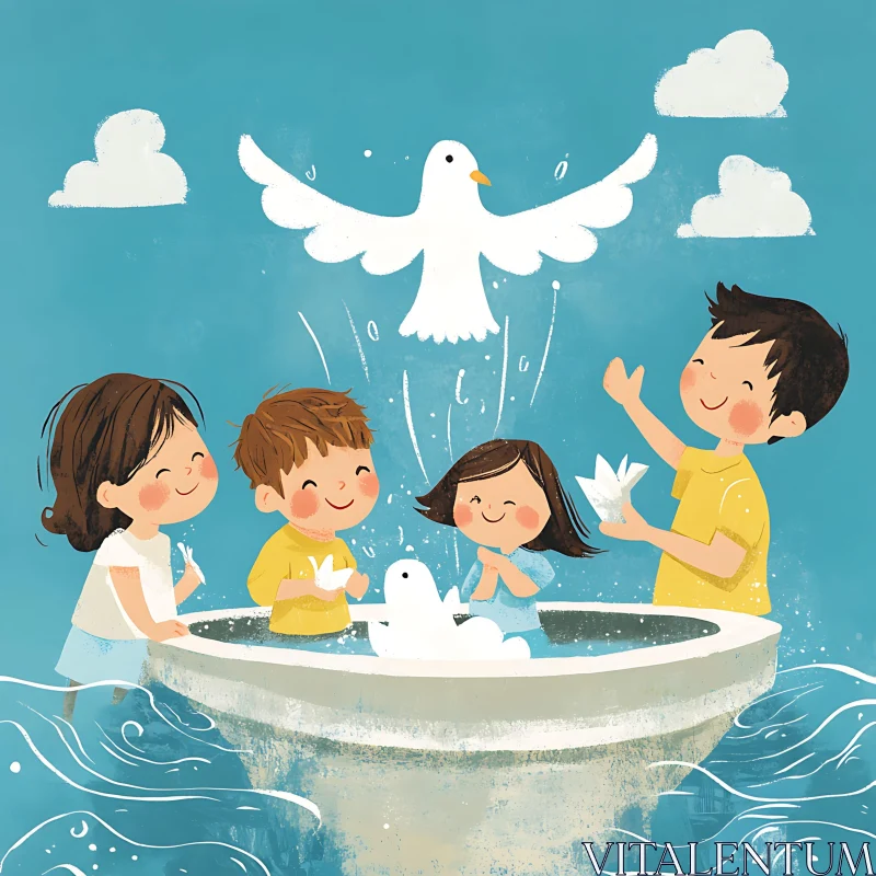 AI ART Paper Doves and Children's Boat Illustration