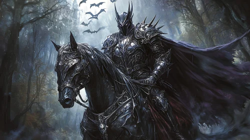 Armored Knight on Horseback in Dark Woods