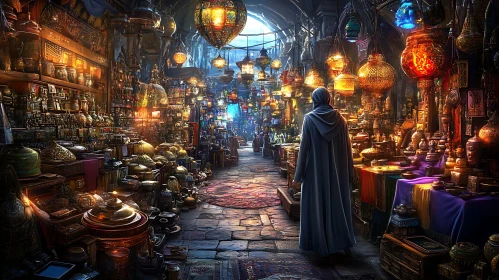 Bustling Bazaar with Person and Lamps