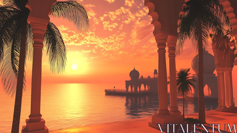 Golden Sunset at Tropical Seaside AI Image