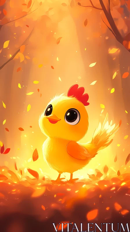 Cute Chick Amidst Fall Leaves AI Image