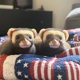 Cute Ferrets Resting on American Flag Quilt